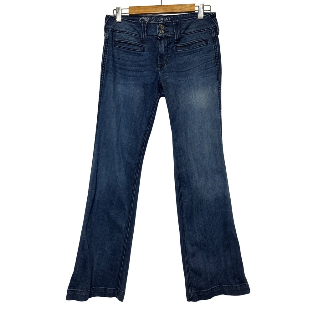 Ariat Trouser Jeans 28R Medium Wash Flare Leg Embroidered Pockets Denim Blue